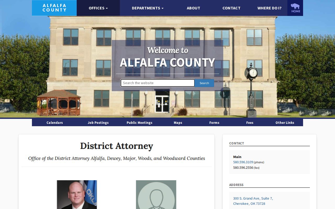 Alfalfa County arrest warrant page showing District 26 official office context