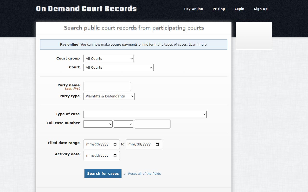 Alfalfa County warrant lookup ODCR court party and date fields